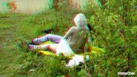 blonde getting naked in nature in red and cyan