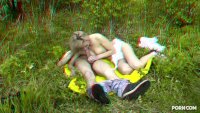 3d blonde model giving a blowjob in the outdoors