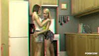 anaglyph 3d blonde lesbian kissing brunette girlfriend in the kitchen