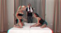 blonde and brunette catfight in front of a 3d camera