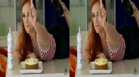 sexy redhead Dani Jensen playing with cake in front of the 3D camera