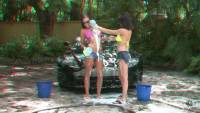 anaglyph babes playing with water outdoors