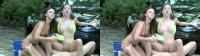 SBS 3D MFF threesome in front of a car outdoors POV view