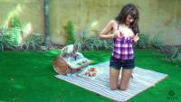 brunette teen showing her perky tits in an outdoors picnic in real 3-d
