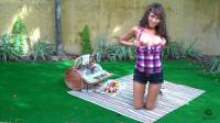 brunette teen playing with her boobs outdoors in crossview 3-d