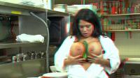bigboobed milf slut sticking a cucumber between her meatbags in the kitchen in real 3d