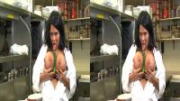bigboobed chef licking cucumber between her tits in side by side 3d