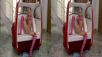 pigtailed cutie playing with her pussy on a couch shaped like a backseat for 3D TV