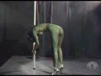 red cyan 3d high heeled indo chick bends over naked by the pole