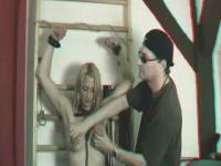 red cyan 3d blonde MILF getting her nipples pinched while being bound to a rack