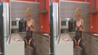 3D TV granny feeling her boobs while sitting in the kitchen in sexy lingerie alone