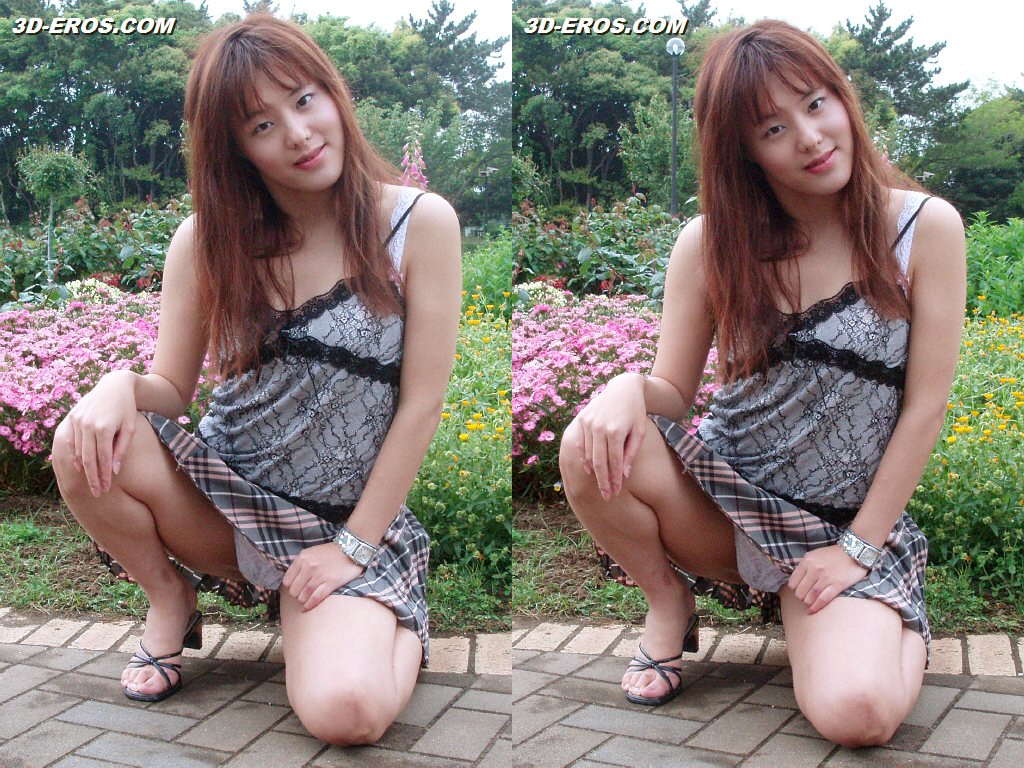 crosseyed or crossview 3d image of an asian exhibitionist babe kneeling down to expose her panties in public (outdoors)