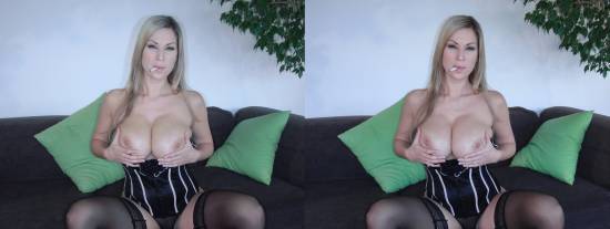 big titted blonde bimbo in a sexy black corset smoking a cigarette in side by side 3d fetish porn