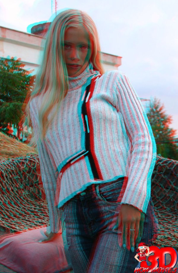clothed blonde teen outside in public in anaglyph 3d