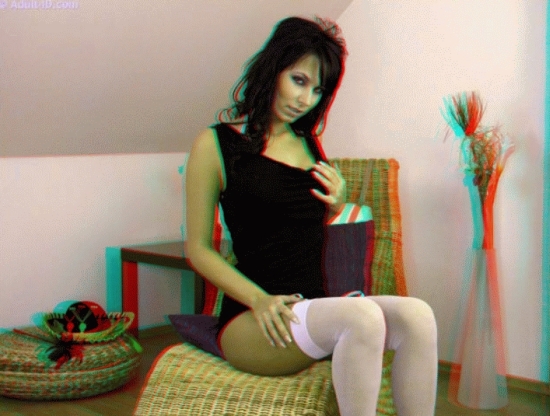 sexy anaglyph babe on the side of the bed