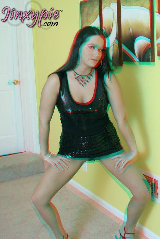 hotwife slut in red/cyan 3d holding onto a wall