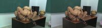 high heeled lesbian student teacher couple fucking with strapon in classroom in crossview 3D