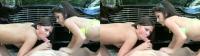 3D TV threeway: two brunette sluts take turn giving a POV blowjob to a dude outdoors