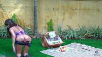 horseplay with water on this babes shaved clit and jeans miniskirt in true 3-d