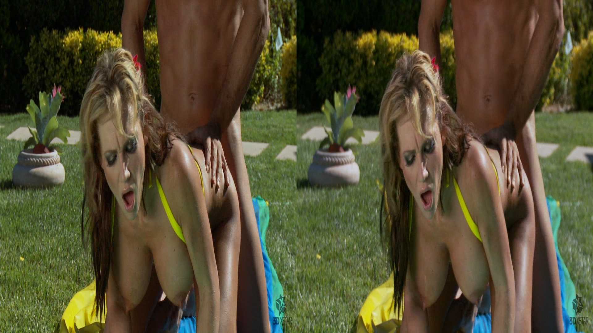 Wet blonde babe fucks and sucks lucky dude in her garden in SBS 3D for 3D TV