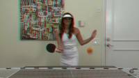 anaglyph tori black in white dress playing table tennis