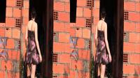 sexy babe in summer skirt enetering a brick building for 3D TV