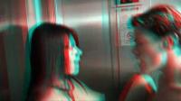 horny brunette bored in broken lift in anaglyph 3d