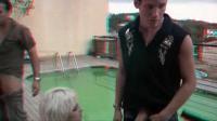 blonde on her knees by the swimming pool in real 3d