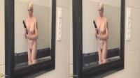 mature shows a huge toy to the 3d cameraman