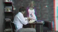 blonde schoolgirl at teachers desk in anaglyph 3d