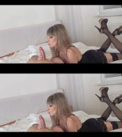 high heeled blonde slut looks at shaved cock in 3D TV oral sex image