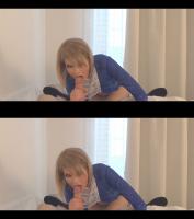 over under 3D blonde babe looks into the POV camera while she licks the tip of his penis